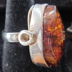 Vintage silver ring 925 Baltic Cognac Amber Marquise Statement Cocktail Size 7